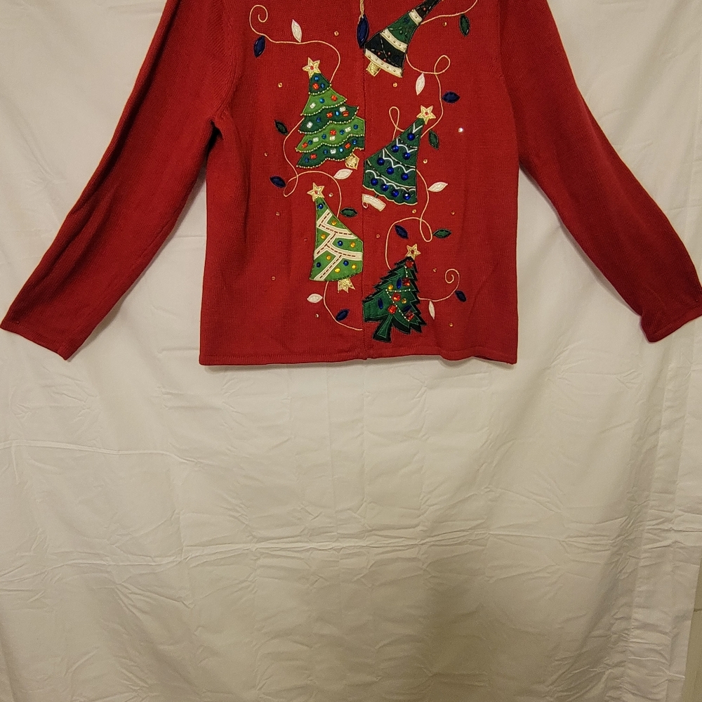Tiara International Christmas sweater, Large, red. Length 20" in.